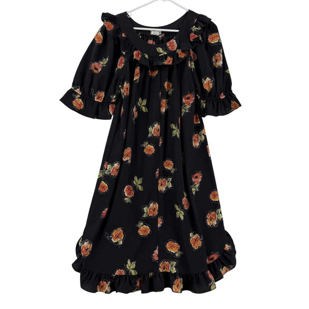 RM Hawaii Dress Womens Small Black Floral Puff Sleeve Ruffle Hem Trapeze Muumuu